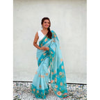 Generic Women's Linen Printed Saree With Unstitched Blouse 5.5Mtr (Aqua)
