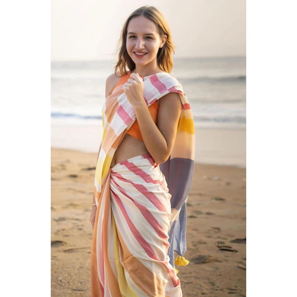 Generic Women's Linen Printed Saree With Unstitched Blouse 5.5Mtr (Yellow)