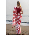 Generic Women's Linen Printed Saree With Unstitched Blouse 5.5Mtr (Red)