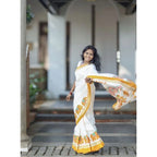 Generic Women's Linen Printed Saree With Unstitched Blouse 5.5Mtr (White)
