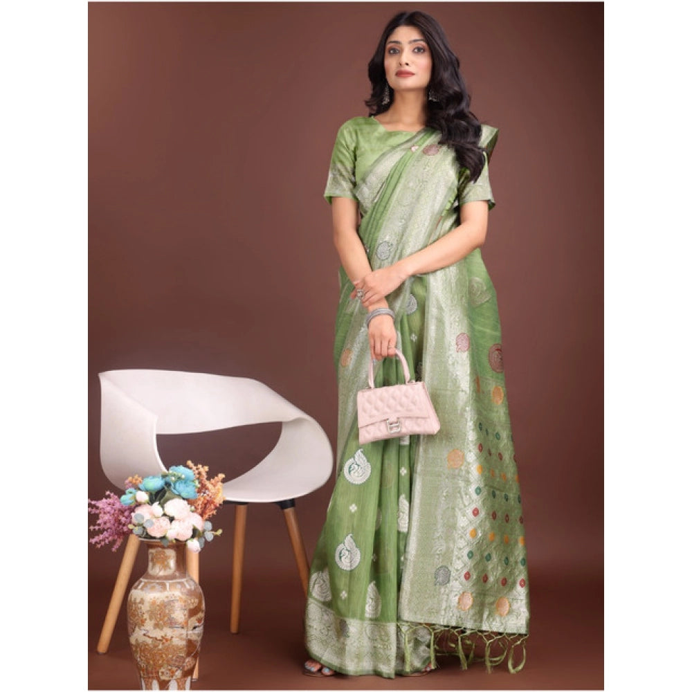 Generic Women's Linen Cotton Printed Saree With Unstitched Blouse 5.5Mtr (Light Green)