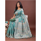 Generic Women's Linen Cotton Printed Saree With Unstitched Blouse 5.5Mtr (Sea Green)