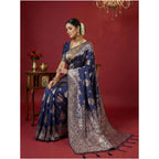 Generic Women's Silk Blend Printed Saree With Unstitched Blouse 5.5Mtr (Navy Blue)