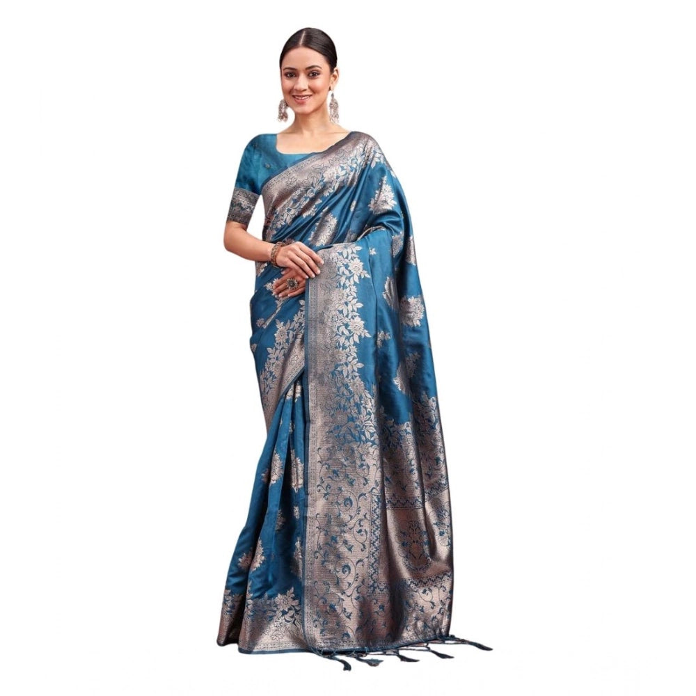 Generic Women's Banarasi Silk Printed Saree With Unstitched Blouse 5.5Mtr (Teal Blue)