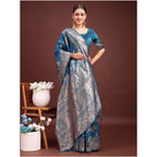 Generic Women's Banarasi Silk Printed Saree With Unstitched Blouse 5.5Mtr (Teal Blue)