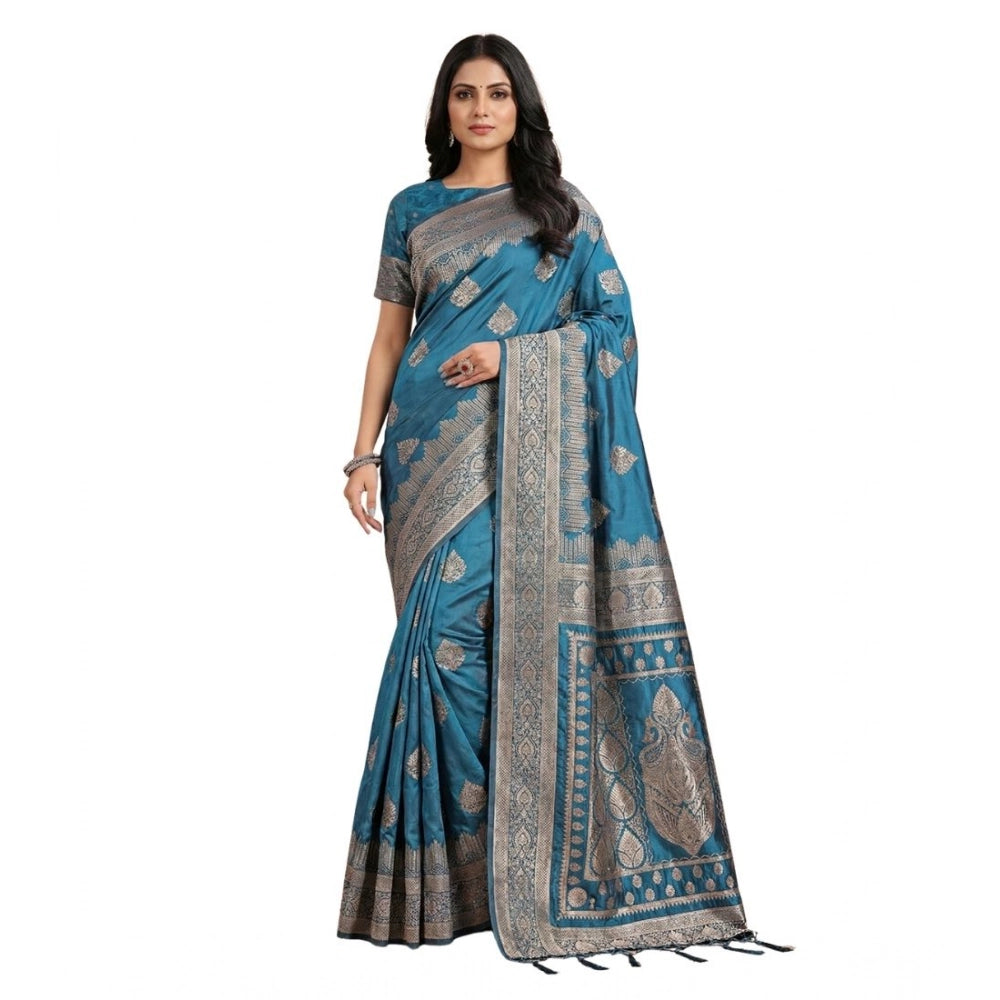 Generic Women's Silk Blend Printed Saree With Unstitched Blouse 5.5Mtr (Teal)