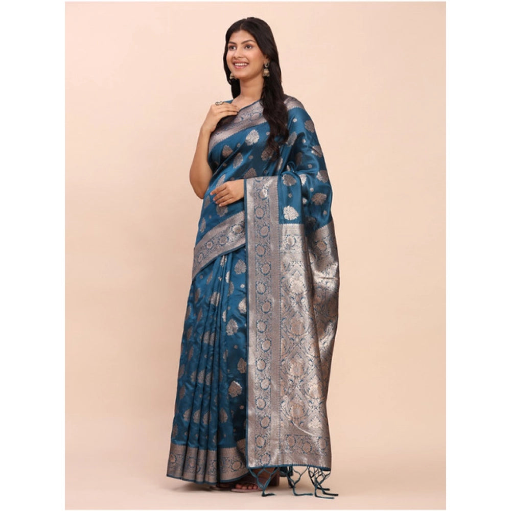 Generic Women's Banarasi Silk Printed Saree With Unstitched Blouse 5.5Mtr (Teal Blue)