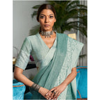 Generic Women's Linen Printed Saree With Unstitched Blouse 5.5Mtr (Sea Green)