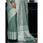 Generic Women's Linen Printed Saree With Unstitched Blouse 5.5Mtr (Sea Green)