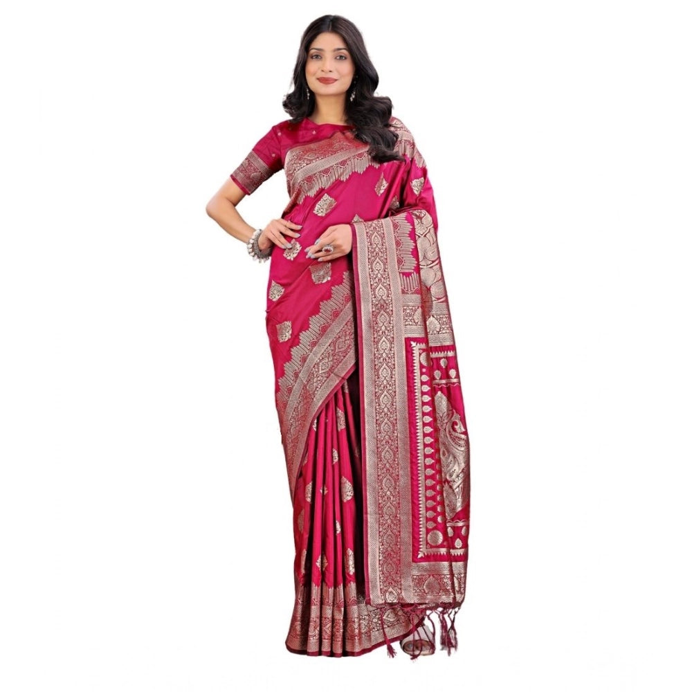 Generic Women's Silk Printed Saree With Unstitched Blouse 5.5Mtr (Magenta)