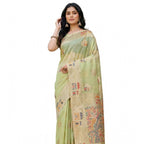 Generic Women's Linen Cotton Printed Saree With Unstitched Blouse 5.5Mtr (Light Green)