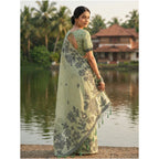 Generic Women's Linen Cotton Printed Saree With Unstitched Blouse 5.5Mtr (Light Green)