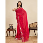 Generic Women's Georgette Printed Saree With Unstitched Blouse 5.5Mtr (Red)