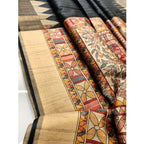 Generic Women's Tussar Silk Madhubani Saree With Unstitched Blouse 5.5Mtr (Black)
