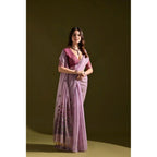 Generic Women's Blended_Cotton Floral Saree With Unstitched Blouse 5.5Mtr (Lavender)