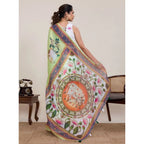 Generic Women's Linen Floral Printed Saree With Unstitched Blouse 5.5Mtr (Light Green)