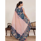 Generic Women's Linen Floral Printed Saree With Unstitched Blouse 5.5Mtr (Peach Pink)