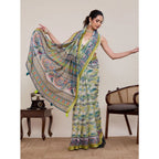 Generic Women's Linen Floral Printed Saree With Unstitched Blouse 5.5Mtr (Pista Green)