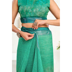 Generic Women's Faux Linen Floral Ready to wear Saree With Unstitched Blouse 5.5Mtr (Green)