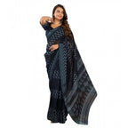 Generic Women's Faux Linen Geometric Print Ready to wear Saree With Unstitched Blouse 5.5Mtr (Black)