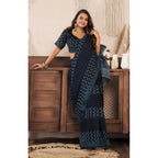 Generic Women's Faux Linen Geometric Print Ready to wear Saree With Unstitched Blouse 5.5Mtr (Black)