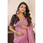 Generic Women's Faux Linen Geometric Ready to wear Saree With Unstitched Blouse 5.5Mtr (LightPink)