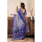 Generic Women's Faux Linen Geometric Print Ready to wear Saree With Unstitched Blouse 5.5Mtr (Blue)