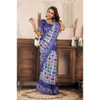 Generic Women's Faux Linen Geometric Print Ready to wear Saree With Unstitched Blouse 5.5Mtr (Blue)