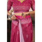 Generic Women's Faux Linen Floral Print Ready to wear Saree With Unstitched Blouse 5.5Mtr (Pink)