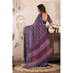 Generic Women's Faux Linen Floral Print Ready to wear Saree With Unstitched Blouse 5.5Mtr (Dark_NavyBlue)