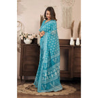 Generic Women's Faux Linen Floral Print Ready to wear Saree With Unstitched Blouse 5.5Mtr (AquaBlue)