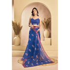 Generic Women's Faux Linen Printed Ready to wear Saree With Unstitched Blouse 5.5Mtr (Blue)