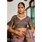 Generic Women's Silk Blend Booti Work Ready to wear Saree With Unstitched Blouse 5.5Mtr (Lavender)