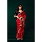 Generic Women's Net Sequence Saree With Unstitched Blouse 5.5Mtr (Red)