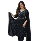 Generic Women's Georgette Ethnic Motif Round 3/4th Sleeve Kurti With Pant Dupatta Set (Black)