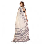 Generic Women's Linen Cotton Printed Saree With Unstitched Blouse 5.5Mtr (Off White)