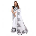 Generic Women's Linen Cotton Printed Saree With Unstitched Blouse 5.5Mtr (White)