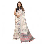 Generic Women's Linen Cotton Printed Saree With Unstitched Blouse 5.5Mtr (Off White)
