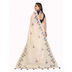 Generic Women's Linen Cotton Printed Saree With Unstitched Blouse 5.5Mtr (Off White)