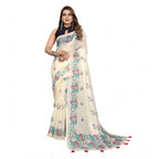 Generic Women's Linen Cotton Printed Saree With Unstitched Blouse 5.5Mtr (Off White)