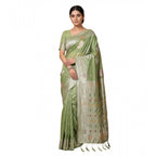 Generic Women's Linen Cotton Printed Saree With Unstitched Blouse 5.5Mtr (Light Green)