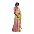 Generic Women's Linen Cotton Printed Saree With Unstitched Blouse 5.5Mtr (Yellow )