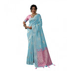 Generic Women's Linen Cotton Printed Saree With Unstitched Blouse 5.5Mtr (Sky Blue)