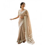 Generic Women's Linen Striped Saree With Unstitched Blouse 5.5Mtr (Lite Brown)
