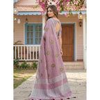 Generic Women's Linen Embroidered Saree With Unstitched Blouse 5.5Mtr (Light Purple)