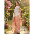 Generic Women's Linen Cotton Printed Saree With Unstitched Blouse 5.5Mtr (White)