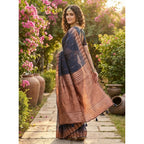 Generic Women's Linen Cotton Printed Saree With Unstitched Blouse 5.5Mtr (Navy Blue)