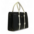 Generic Women's Polyurethane Solid Structured Shoulder Tote Handbag (Black-Cream)
