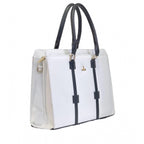 Generic Women's Polyurethane Solid Structured Shoulder Tote Handbag (Cream-Navy Blue)