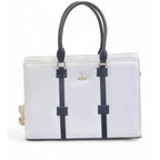 Generic Women's Polyurethane Solid Structured Shoulder Tote Handbag (Cream-Navy Blue)